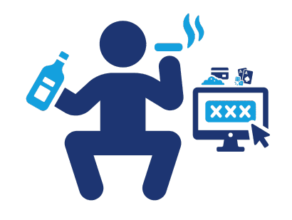 Icon symbolizing addiction, depicting a person with alcohol, smoking, gambling, and pornography symbols