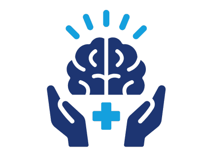 Icon representing emotional well-being, featuring a brain supported by two hands with a health symbol
