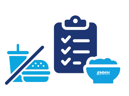 Icon representing a healthy diet for mental well-being, featuring a checklist, nutritious food, and avoiding fast food
