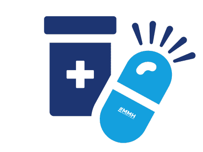 Icon representing antipsychotic medications for mental health treatment, showing a pill bottle and an alert capsule