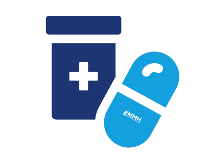 Icon providing an overview of mental health medications, showing a pill bottle and a capsule