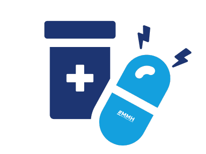Icon representing stimulant medications for mental health treatment, featuring a pill bottle and an energized capsule
