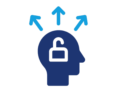 Icon depicting cognitive behavioral therapy (CBT) for mental health, showing an unlocked mind with arrows representing different thought directions