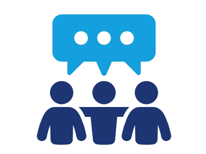 Icon representing group therapy sessions for mental health support, featuring three people in discussion
