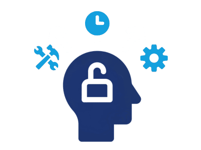 Icon illustrating interpersonal therapy for mental health, showing a head unlocking with arrows pointing to tools, time management, and problem-solving
