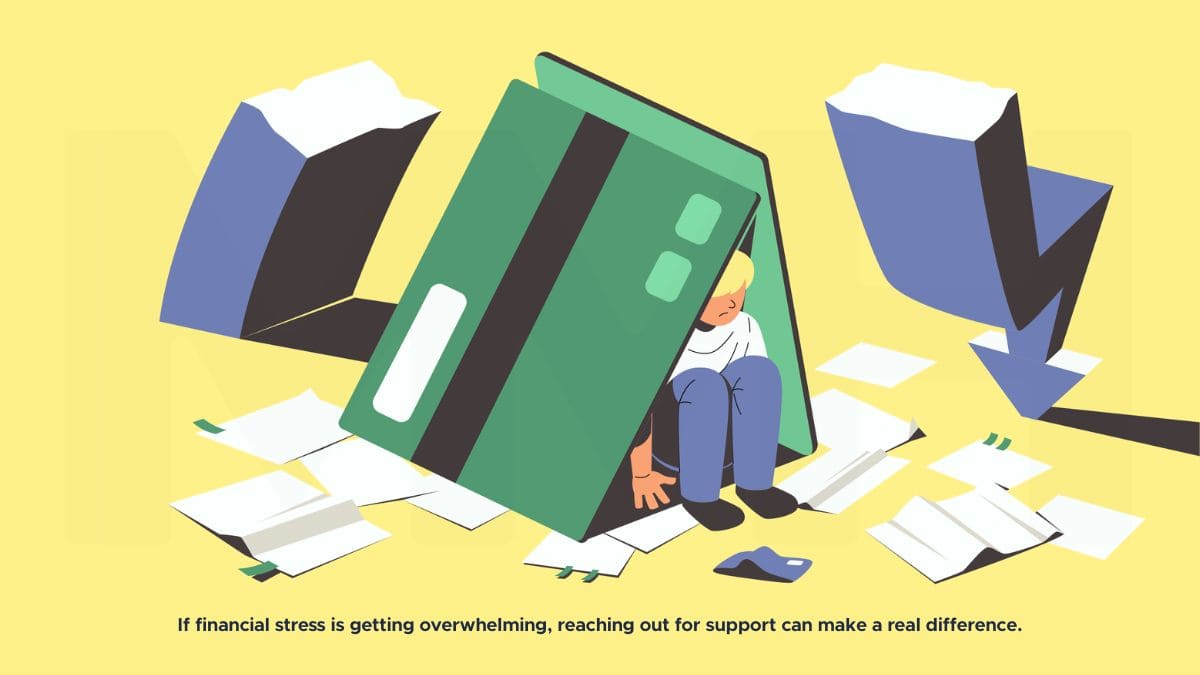 An illustration of a person hunched under a large green credit card, surrounded by scattered papers and two large downward arrow symbols, depicting financial overwhelm.