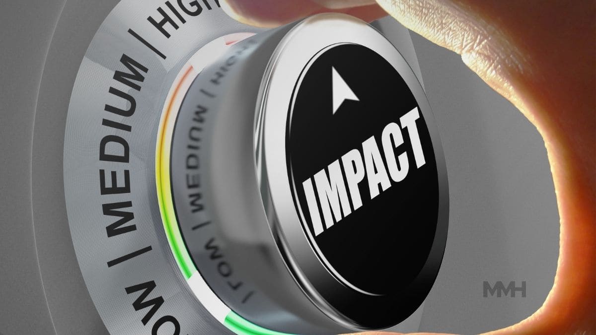 A close-up image of a silver control dial, labeled "IMPACT," with a hand turning it towards the "HIGH" setting. This visually represents the significant psychological effects that crime can have on victims.