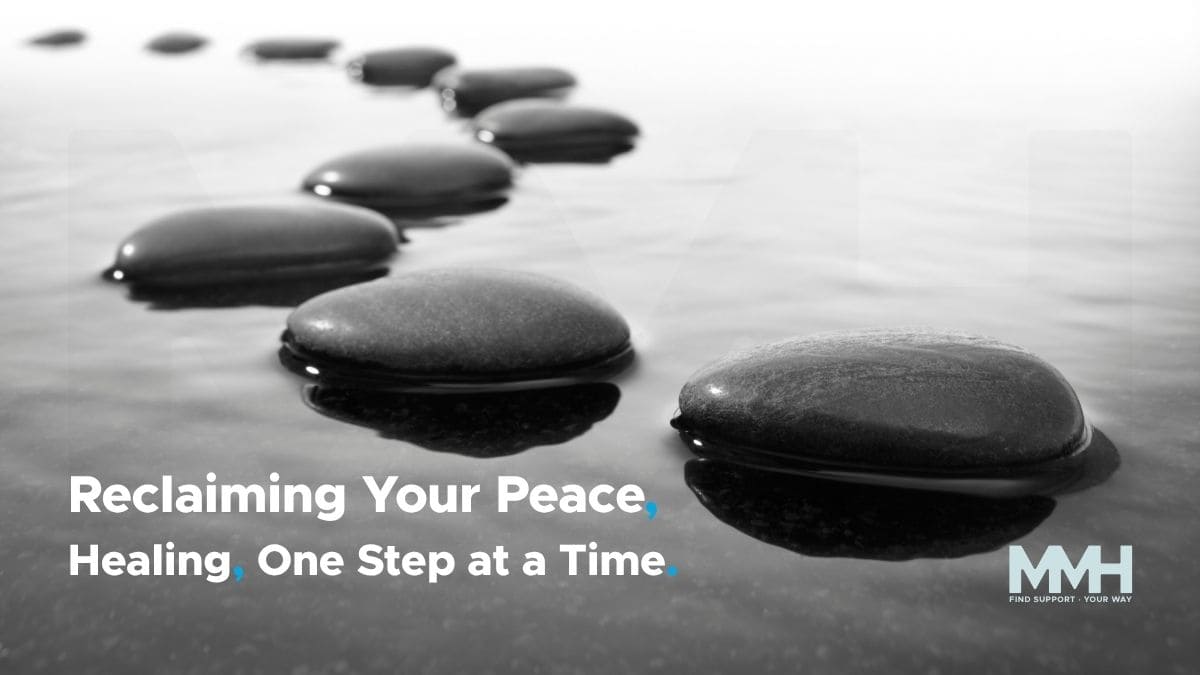 A serene image of smooth stepping stones leading across calm water, with the tagline "Reclaiming Your Peace, Healing One Step at a Time." This symbolizes the gradual, hopeful journey of recovery from the trauma of crime.