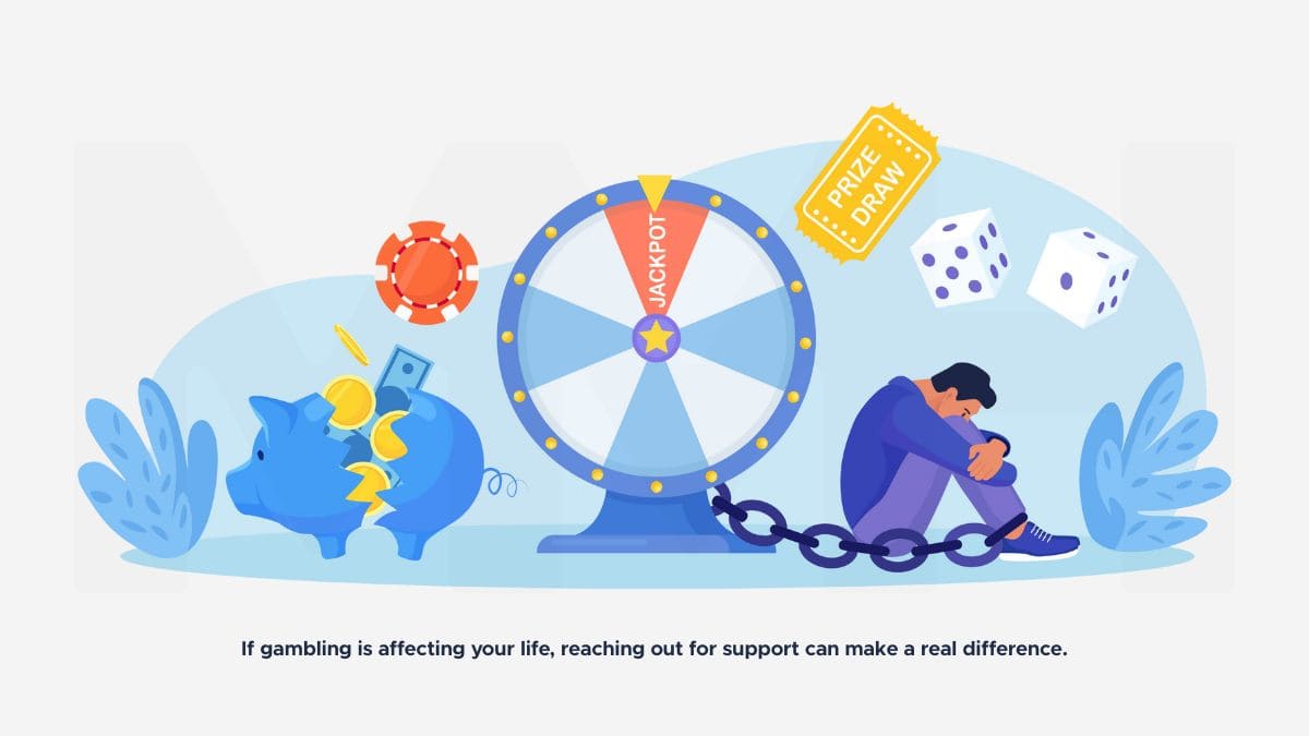 Illustration of a man chained to a gambling wheel surrounded by chips and dice, symbolising the emotional and financial impact of gambling addiction on men.