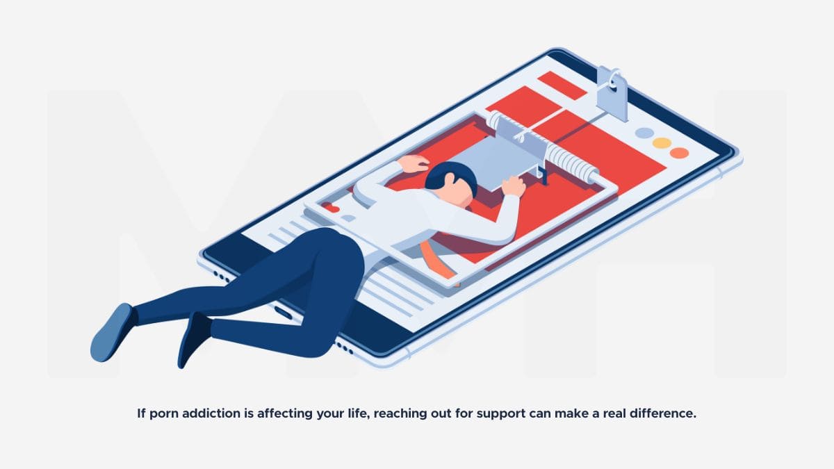Man lying on a giant smartphone trapped in a digital mouse trap, symbolising compulsive porn use and lack of control.