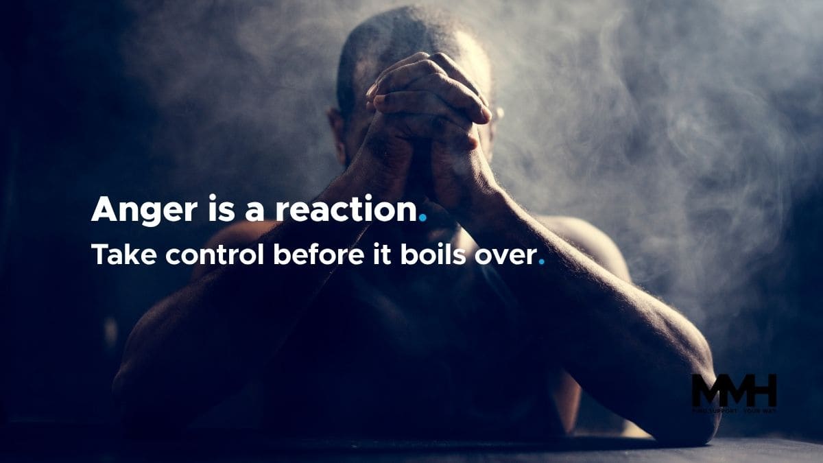 A man sits with hands clasped in a cloud of steam. Text overlay: 'Anger is a reaction. Take control before it boils over.'