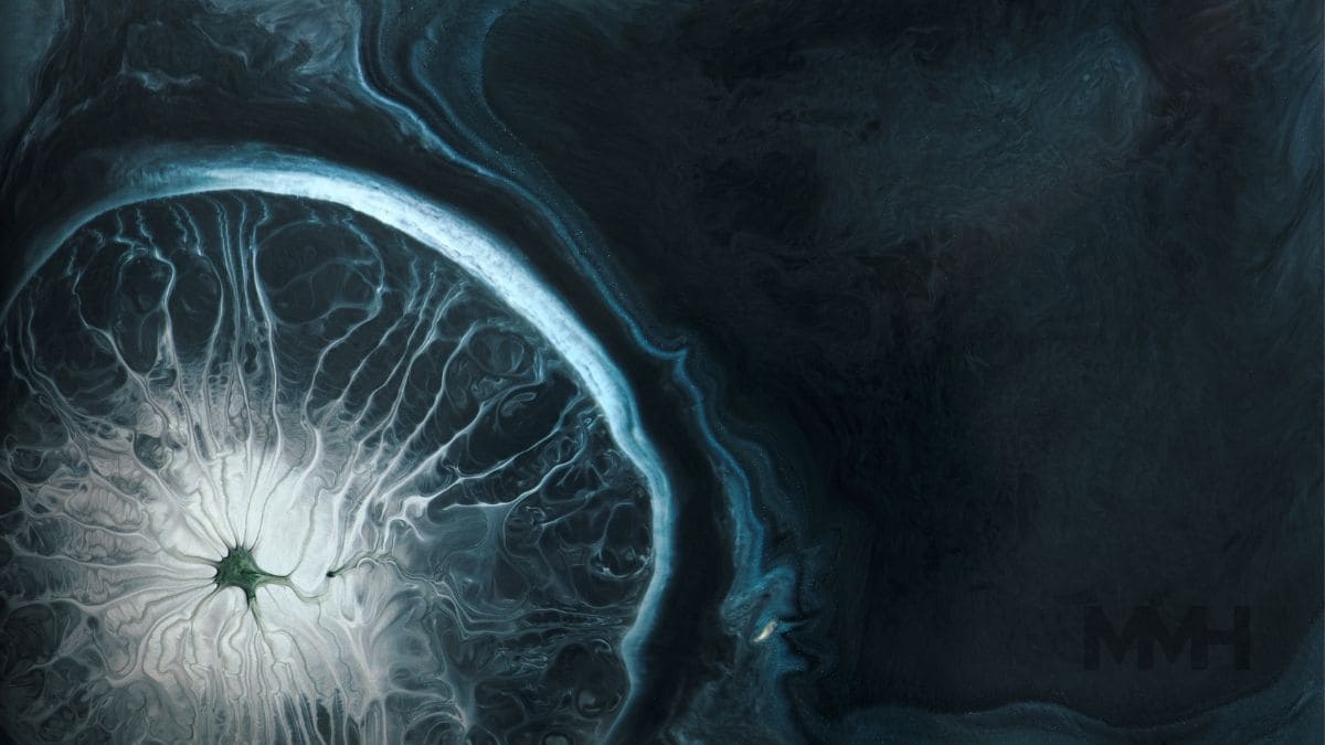 Abstract fluid art in dark blue and white resembling neural or emotional pathways, used to represent the complex psychological and emotional causes behind substance abuse in men.