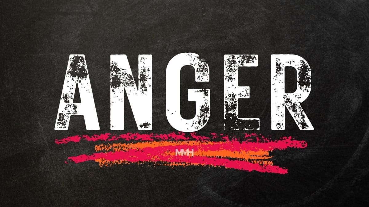 The word ANGER written in bold, distressed lettering, underlined with red and orange paint strokes, symbolising emotional volatility.