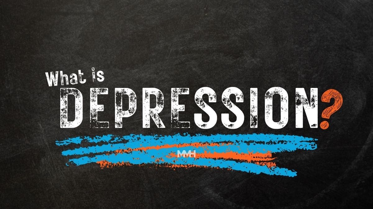 The word 'DEPRESSION?' in bold, distressed text on a chalkboard background with blue and orange underlines, representing the core question addressed in the What Is Depression section.
