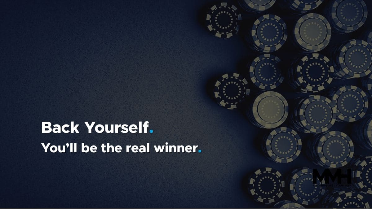 Dark poker chip background with motivational message "Back Yourself. You’ll be the real winner." encouraging men to seek support for gambling issues.