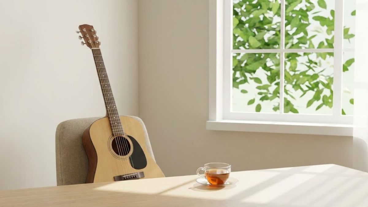 Acoustic guitar in a calm room representing the benefits of music therapy.