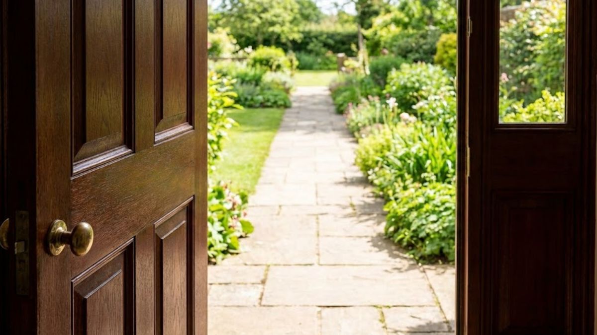 An open door leading to a garden path representing access to treatment.