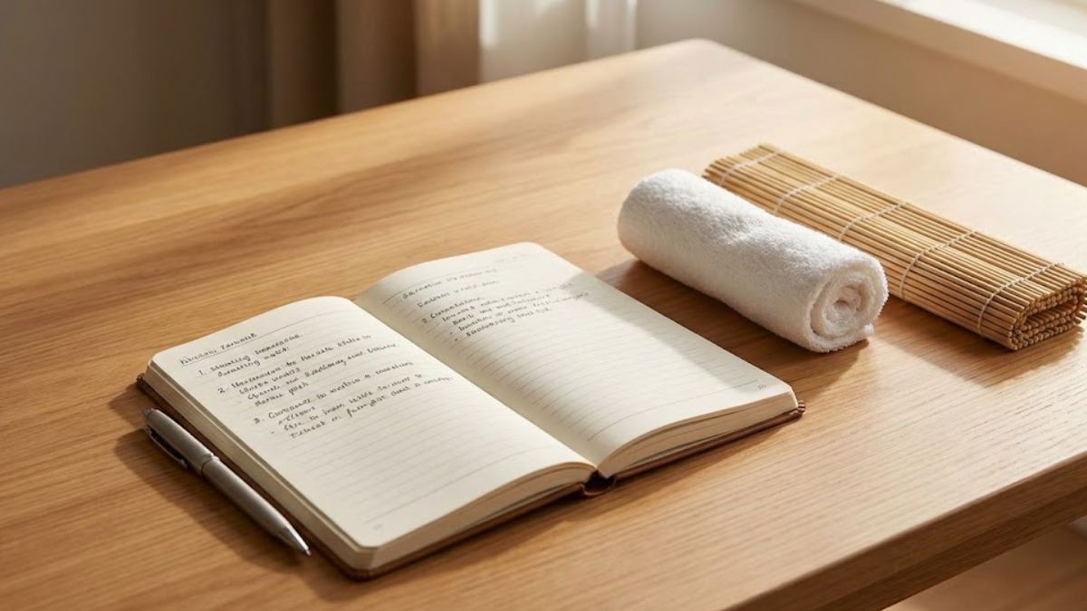 A notebook and bamboo mat on a table representing the preparation for acupuncture therapy.
