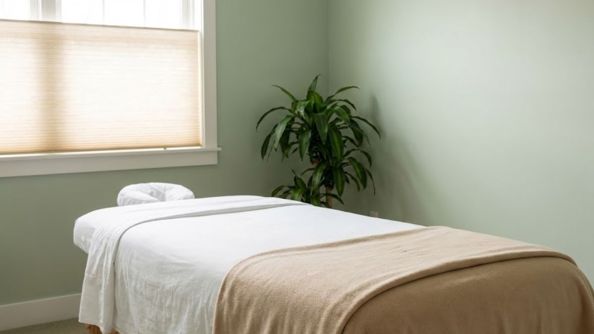 An empty, relaxing treatment room with a massage table and soft lighting.