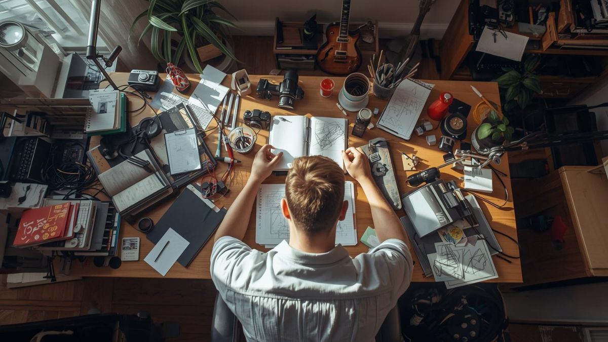 A busy desk with various creative projects and hobbies representing hyperactive interest.