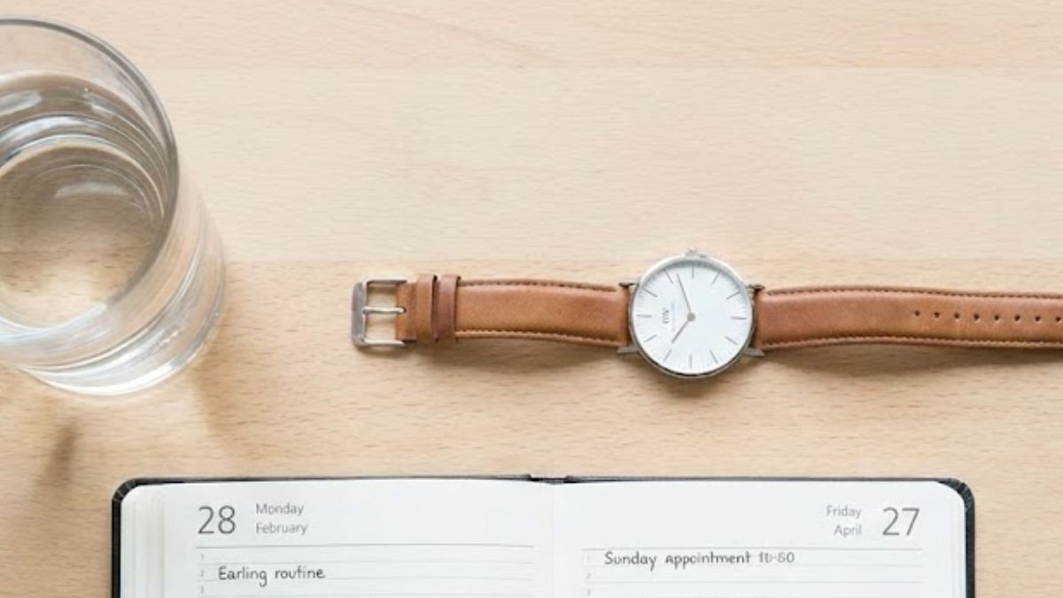 ADHD Treatment Daily Routine A watch, planner, and water glass representing the routine and timing of medication titration.