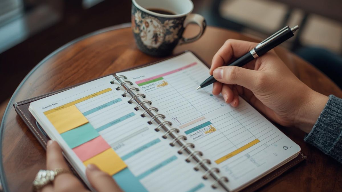 An organized planner and notebook used for executive function management.