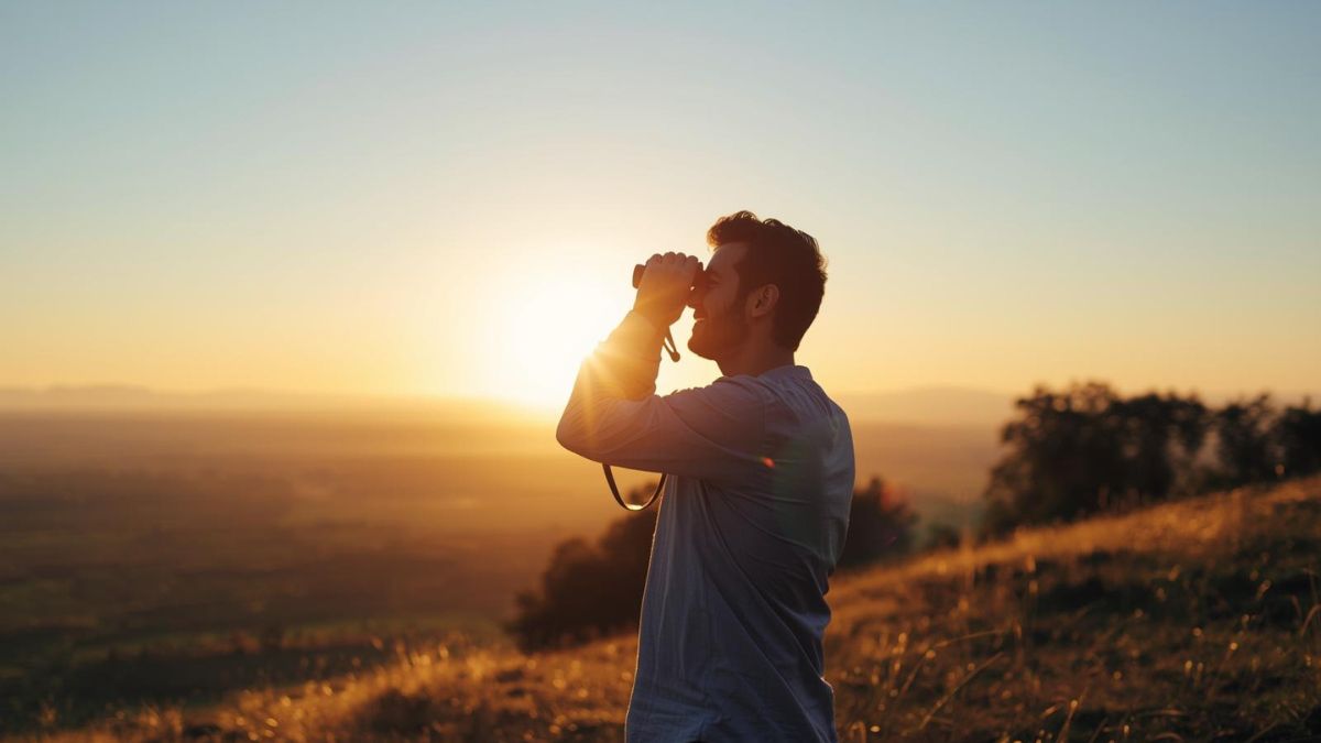 A man looking towards the horizon at sunrise, representing hope and future focus.