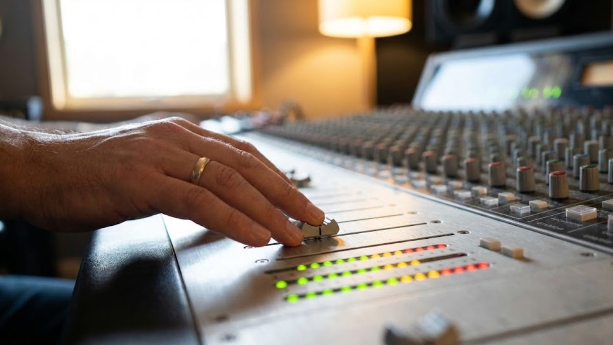A hand adjusting an audio mixer, symbolising the modulation of thoughts and stress levels through mindfulness.