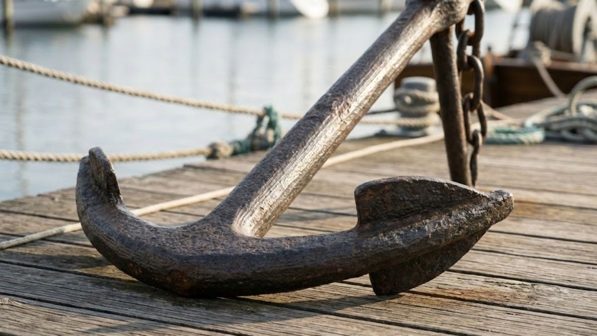 A heavy metal anchor resting on wood, symbolizing the weight of emotional burdens and alcohol dependency.