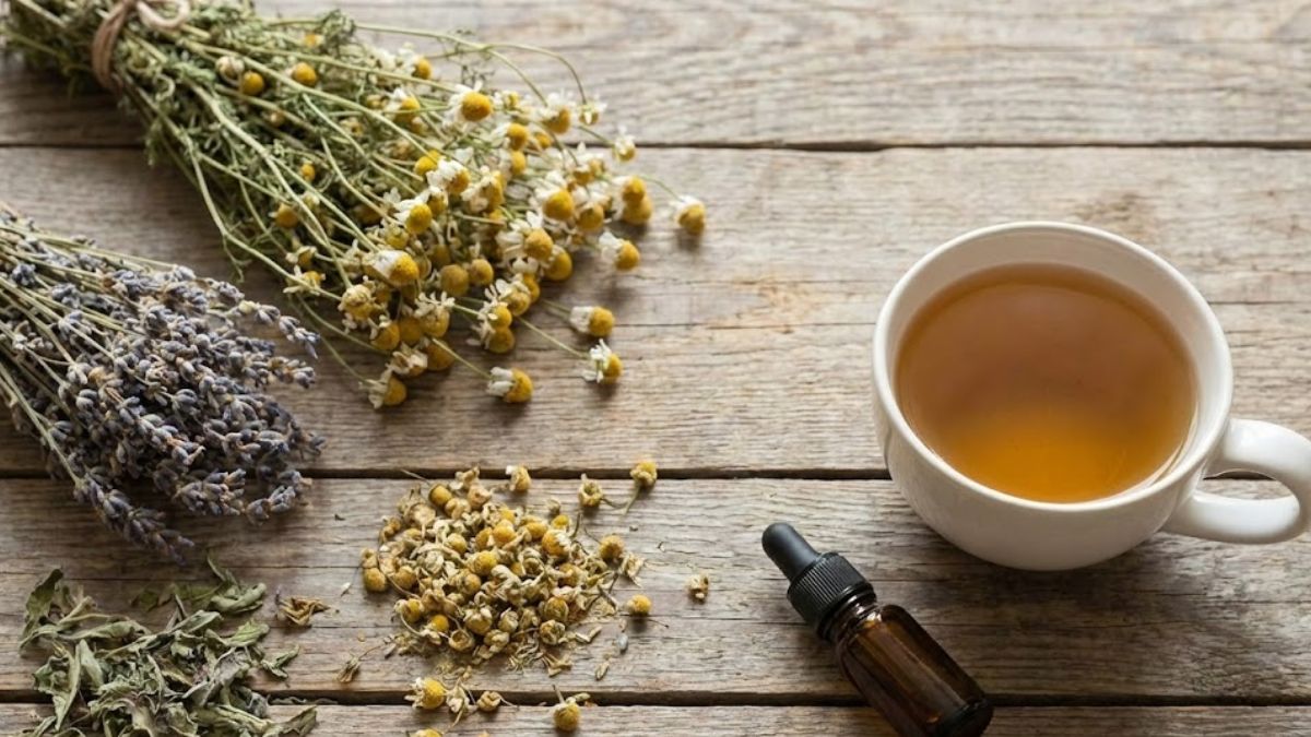 Herbal tea and natural supplements for mental well-being.