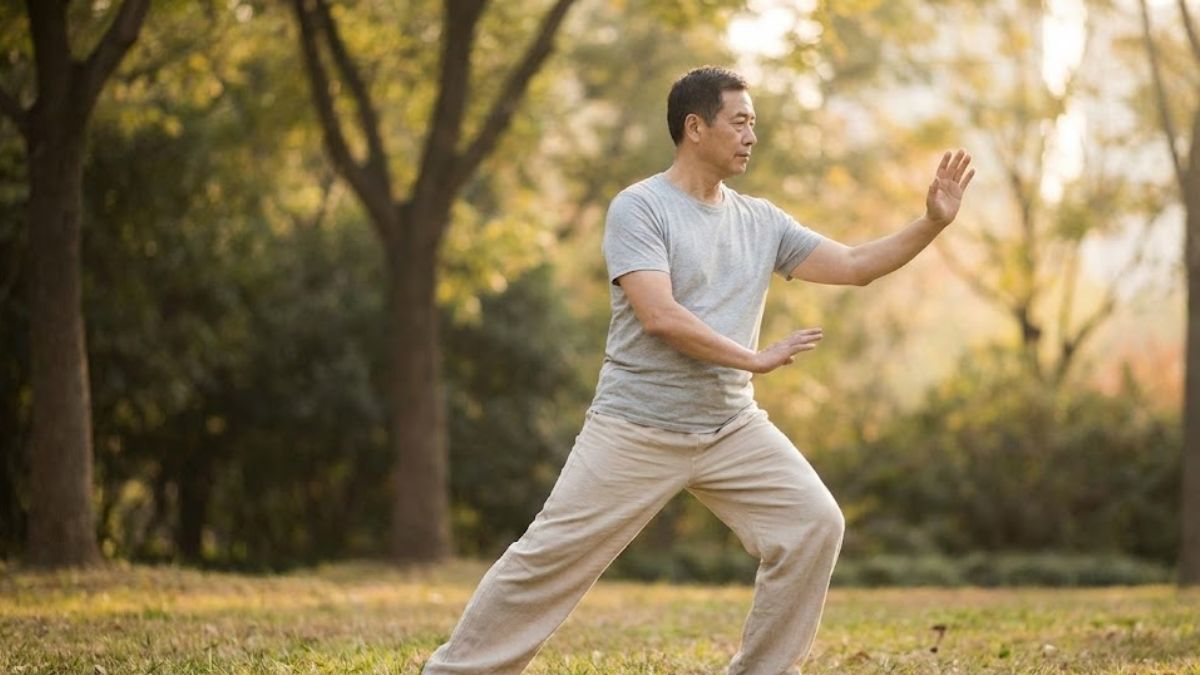 A man practicing mindful movement to reduce anxiety and tension.