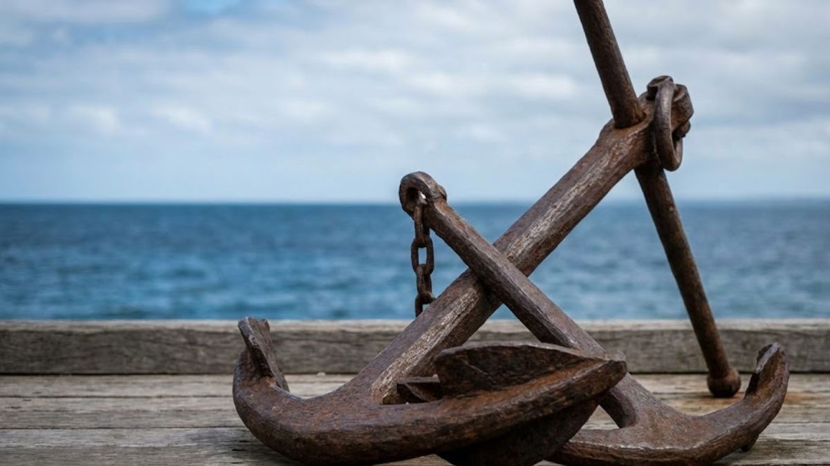 An iron anchor on a dock representing emotional stability and strength through mindfulness.