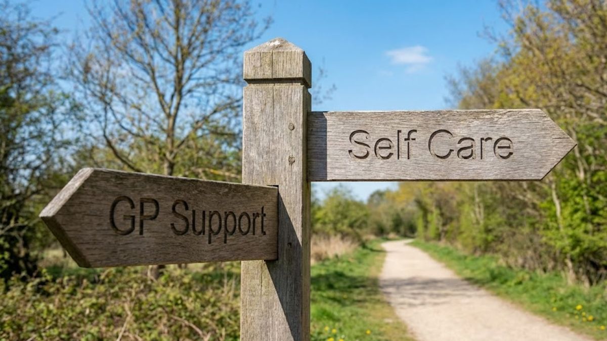 A hiking trail signpost illustrating the different pathways to accessing mental health support.