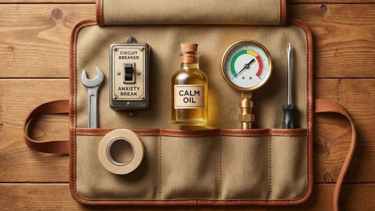 A workbench toolkit representing different types of anti-anxiety treatments as maintenance tools.