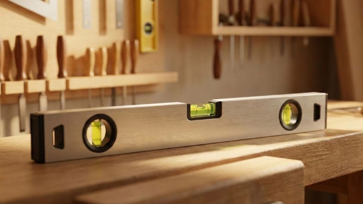 A spirit level on a workbench representing mental balance.