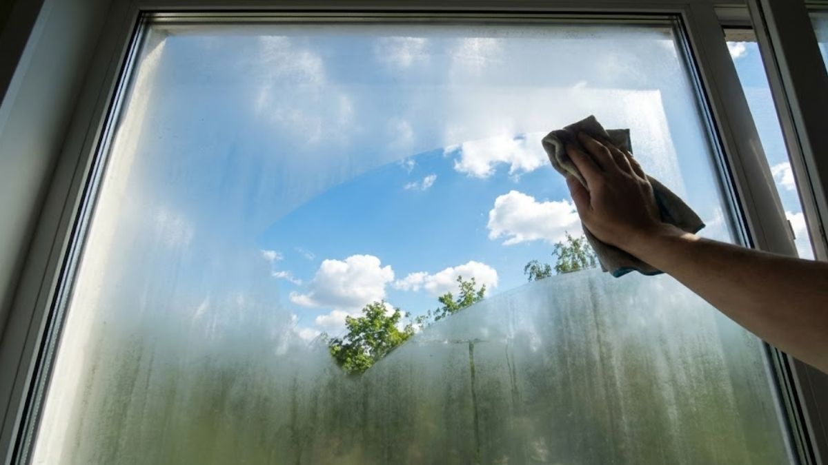 A window pane being wiped clean to reveal a clear view, symbolizing mental clarity.