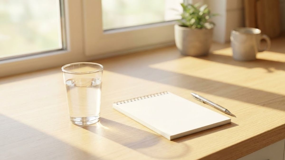 A glass of water and a notebook on a table, symbolizing a structured daily routine.