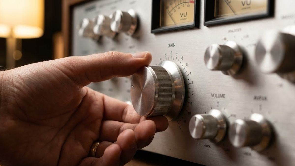 A hand adjusting a dial on a mixing desk, symbolizing the regulation of brain chemicals.