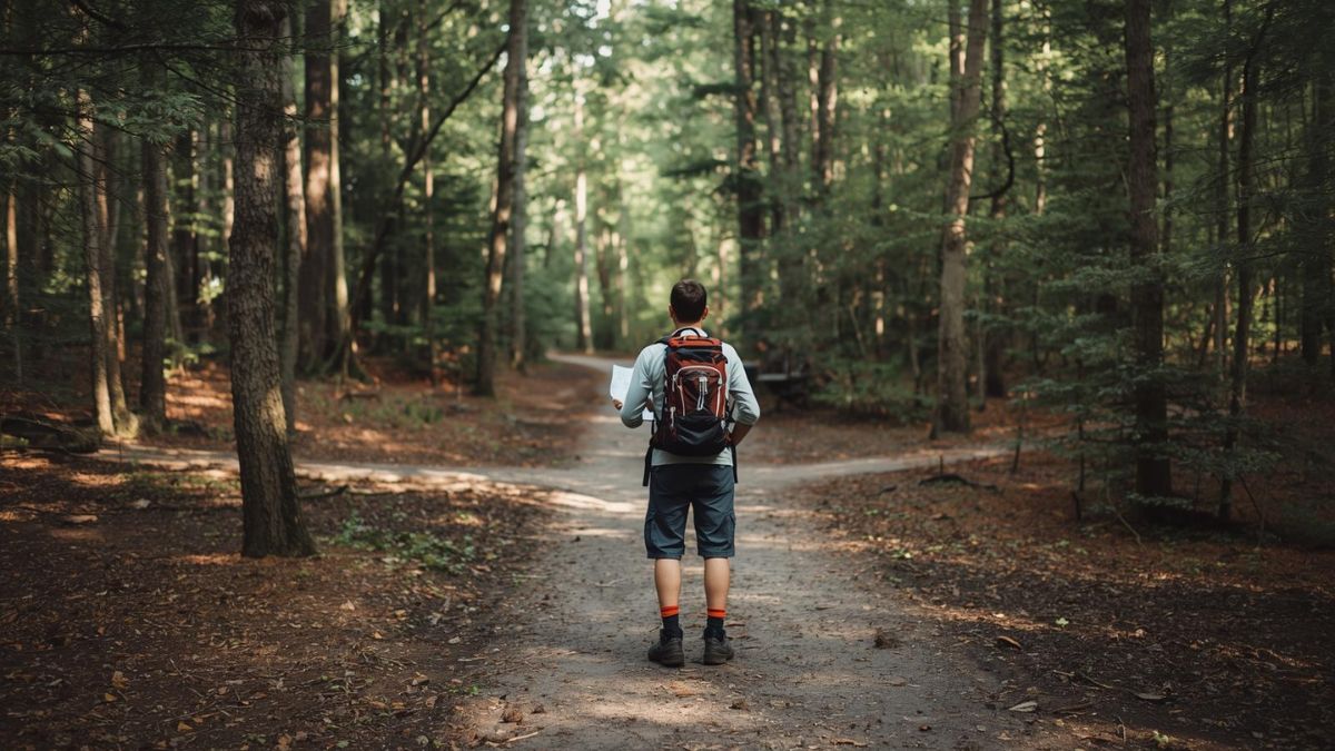 A hiker consulting a map at a fork in the road, representing the choices involved in managing anxiety.