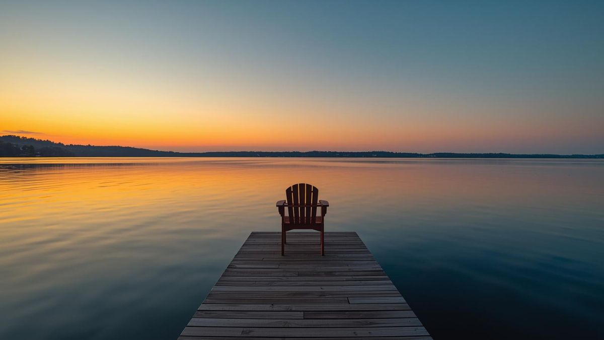 A peaceful lake at sunrise with a chair on a dock, symbolizing mental clarity and recovery.