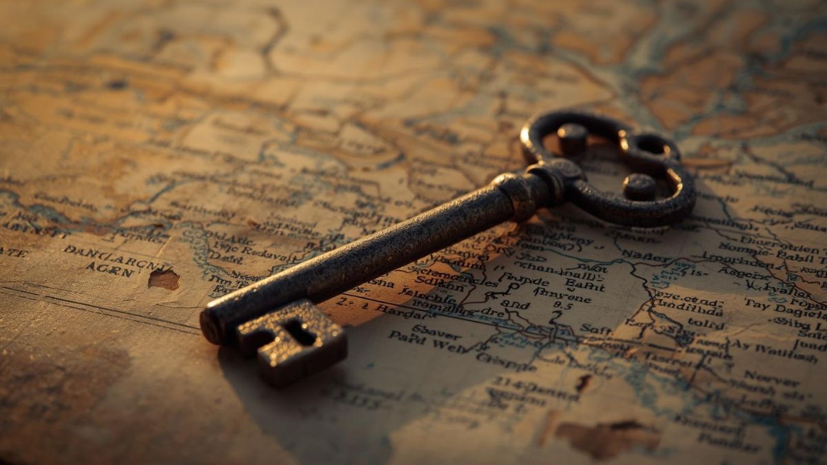 An antique key on a map, representing the difficult journey of navigating a way out of an abusive relationship.