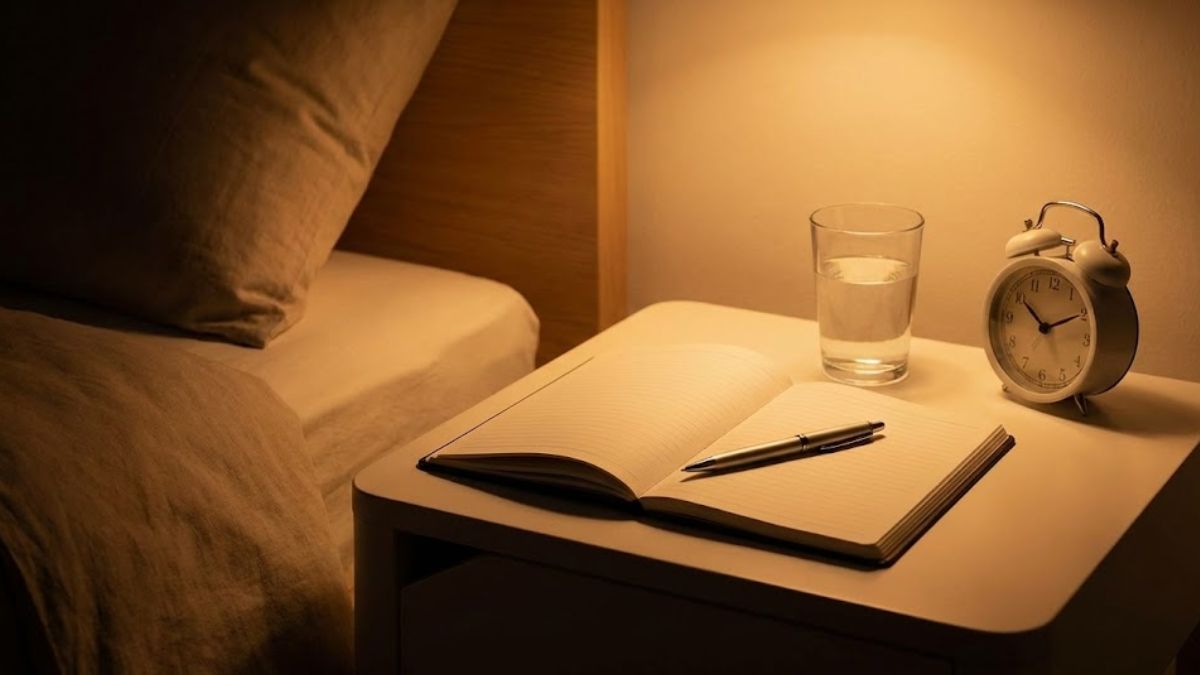 This image illustrates a healthy, low-tech evening routine with a physical notebook and no smartphone, as a key part of sleep hygiene.