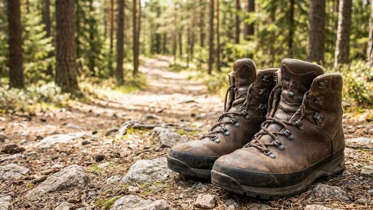 A pair of sturdy hiking boots on a rocky trail in a forest, symbolising a journey of functional fitness and connecting with nature.