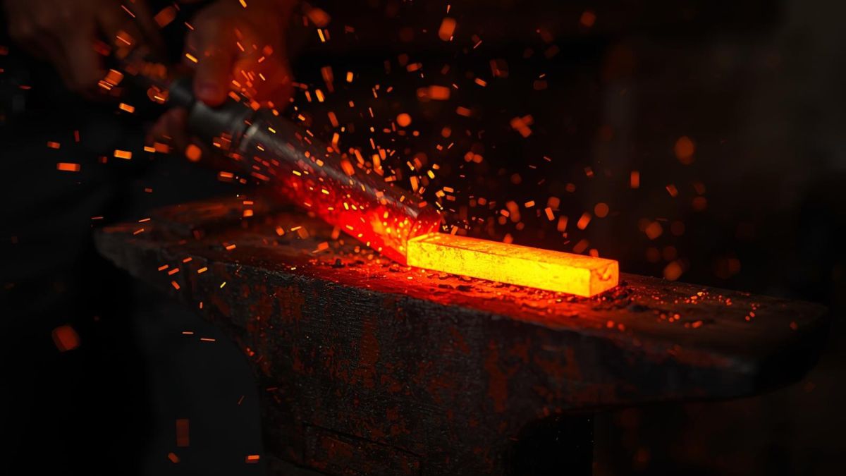 A blacksmith forging metal, symbolizing turning angry energy into productive determination.