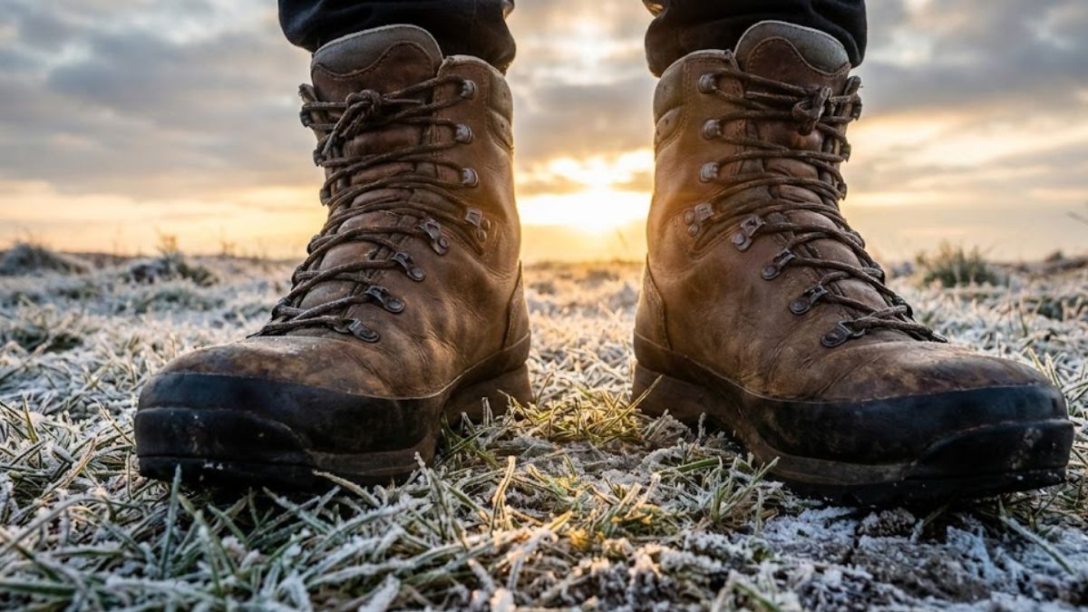 Hiking boots on frosty ground symbolizing resilience and discipline.