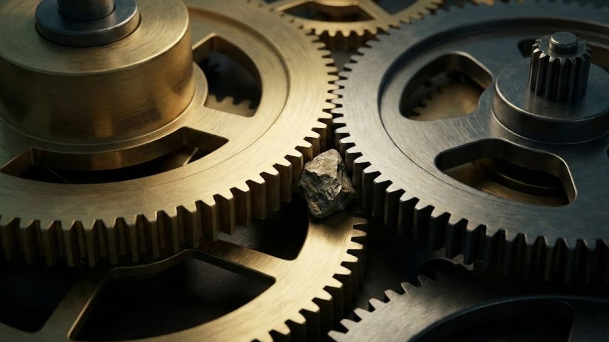 Abstract mechanical gears jammed by a stone representing addiction interrupting brain function.