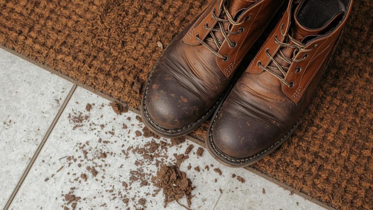 Muddy boots on a clean floor, symbolising how external bullying brings mess and stress into the home.