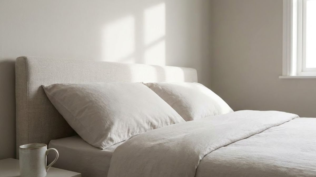 A peaceful photograph of an empty, neatly made bed in a calm, minimalist bedroom with soft morning light streaming in from a window.