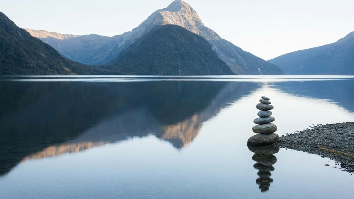 A calm lake reflecting a mountain with stacked stones representing mental balance and peace.