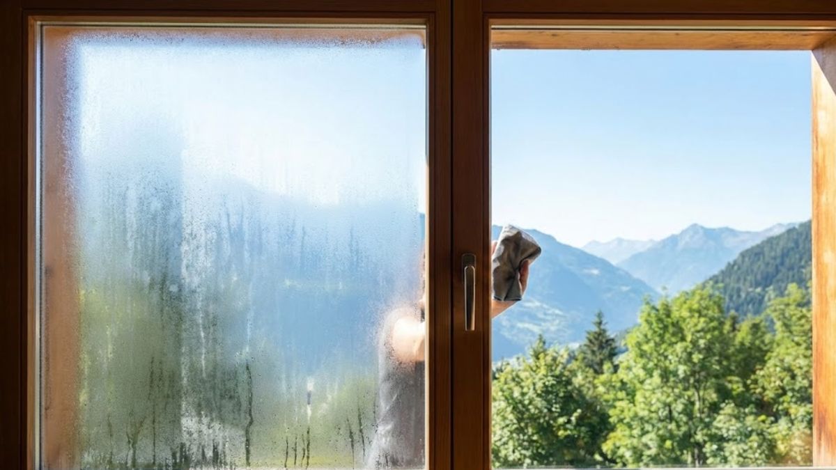 A wooden window frame with one side covered in thick condensation and the other side wiped perfectly clear, revealing a sharp view of a bright green mountain landscape.